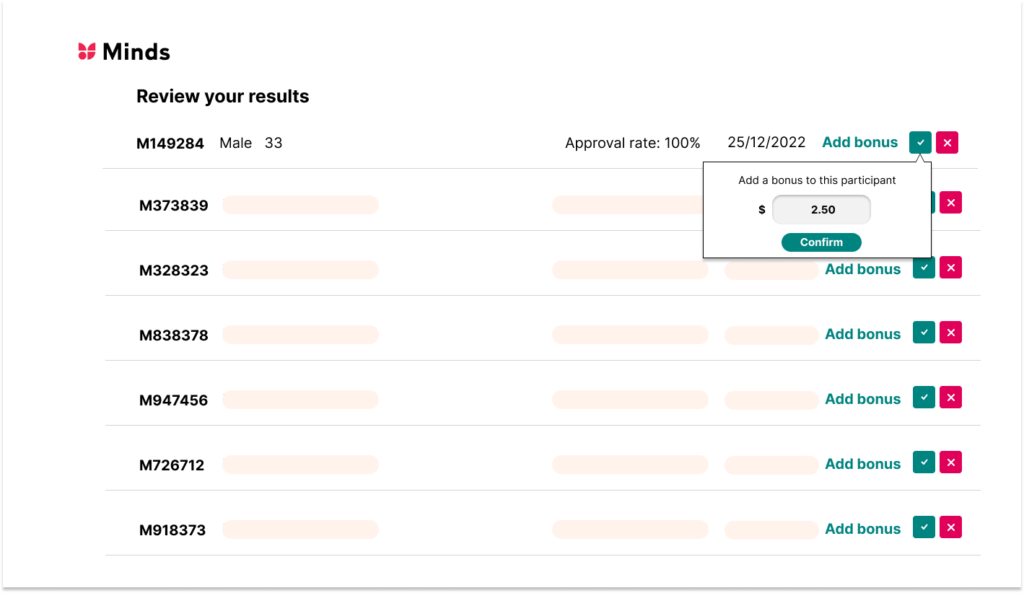 Illustration of the UX enabling researchers to add a monetary bonus to their participants