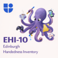 Illustration of a multitasking purple octopus holding a coffee mug, paintbrush, smartphone, game controller, pencil with notepad, and playing cards, with the Testable logo and text "EHI-10 Edinburgh Handedness Inventory"